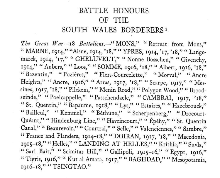 SWB Battle Honours 1914 - 1918