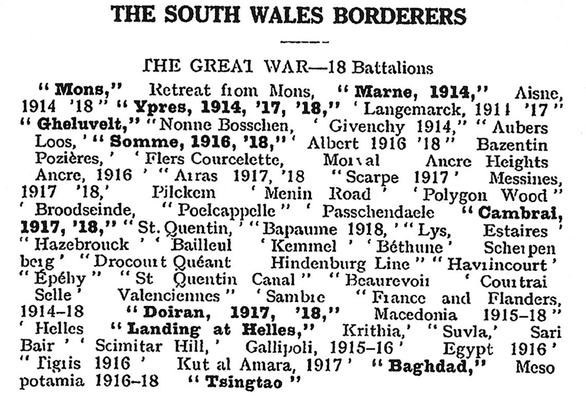 South Wales Borderers Battle Honours